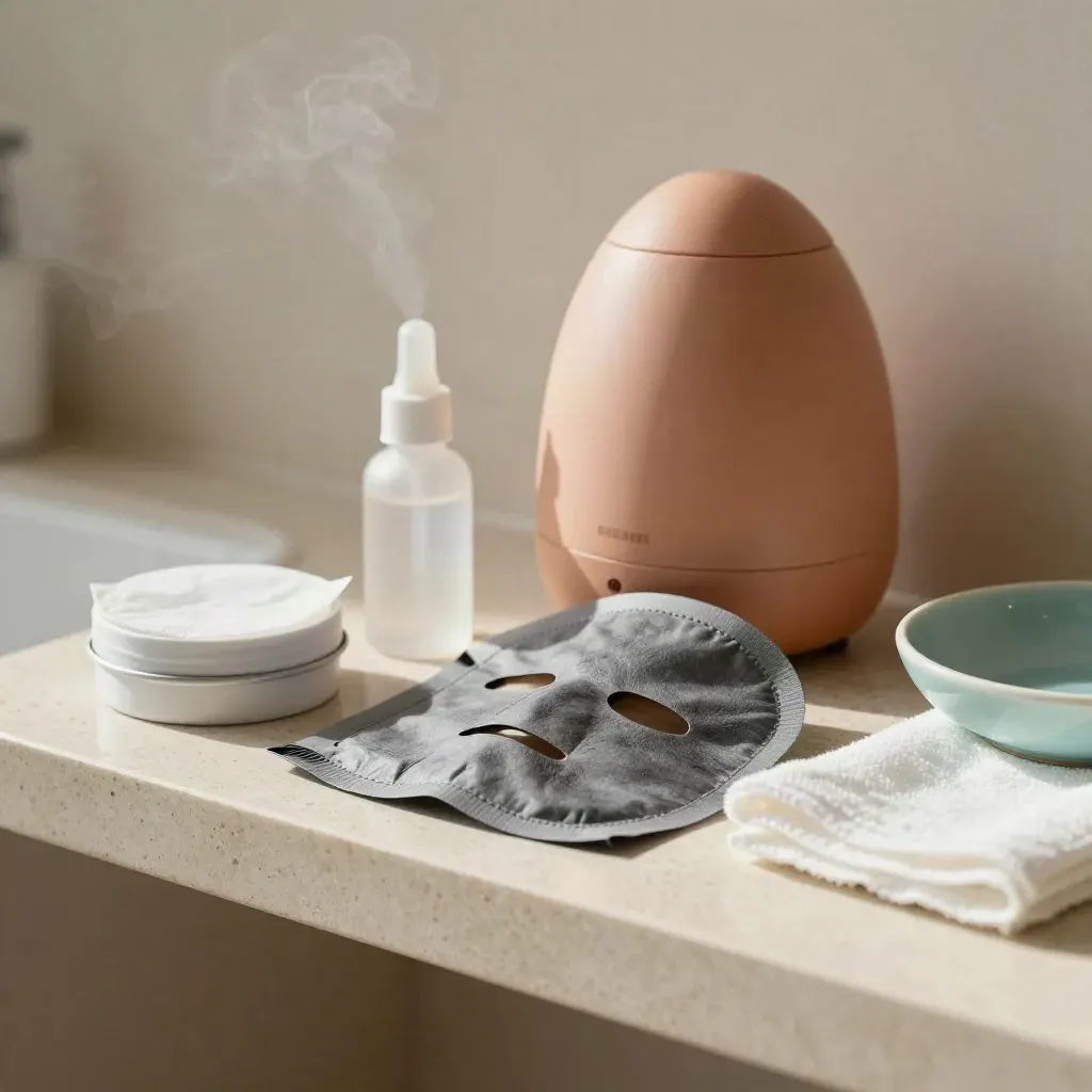 Kit per occhio secco su mensola clinica con maschera, collirio, salviette e umidificatore in lieve vapore.