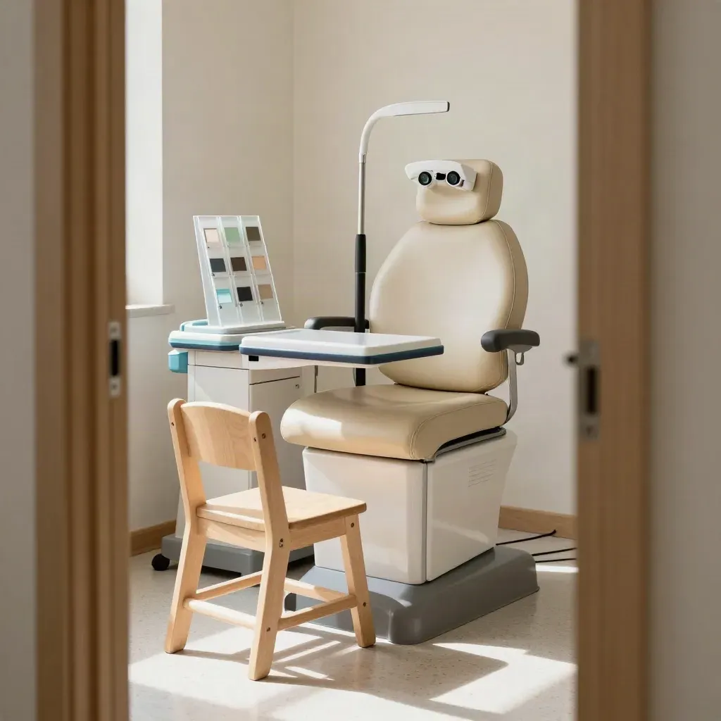 Sala visita oculistica familiare vuota, con sedute a tre altezze e luci di fissazione.