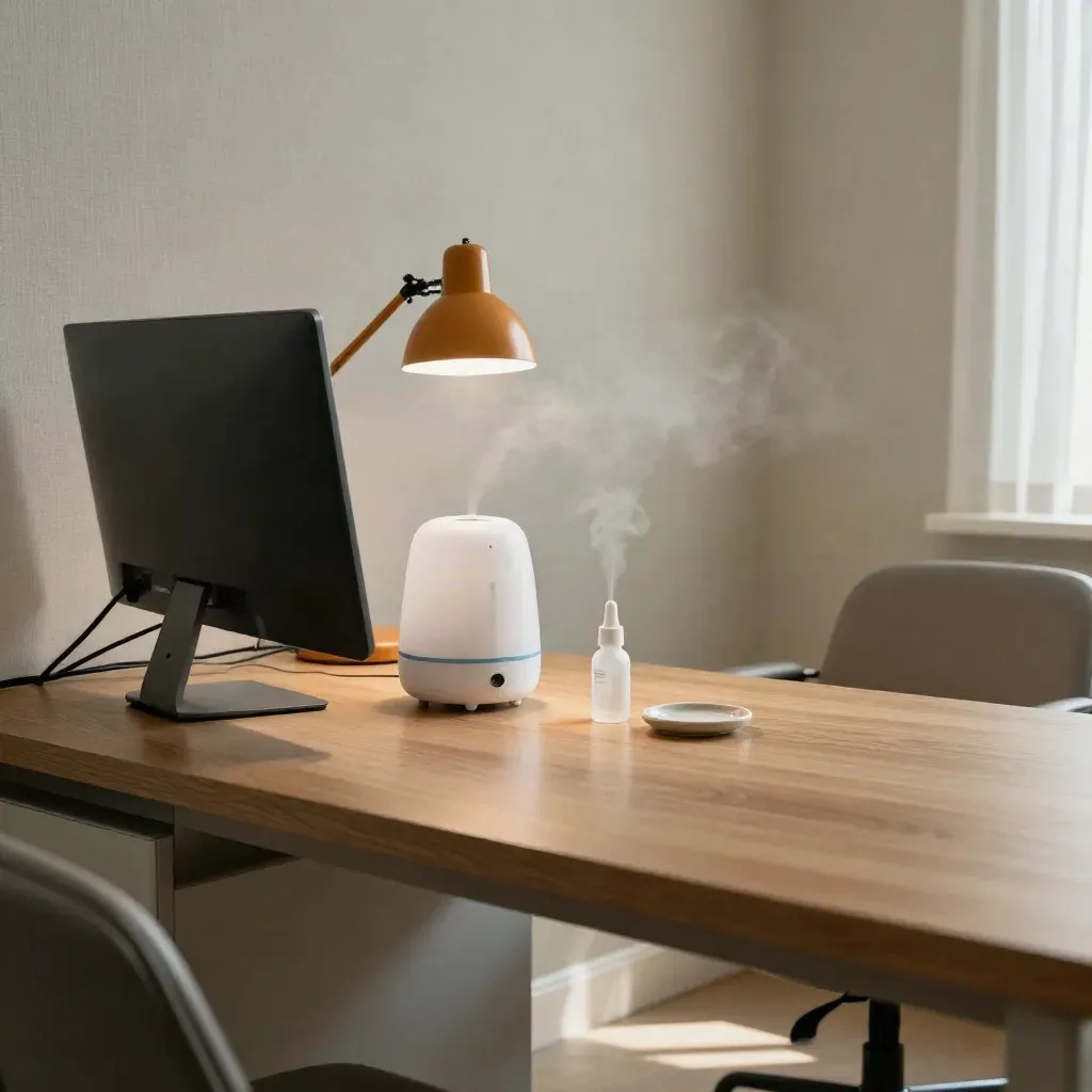 Scrivania oculistica con monitor, lampada calda, umidificatore e gocce per gli occhi.