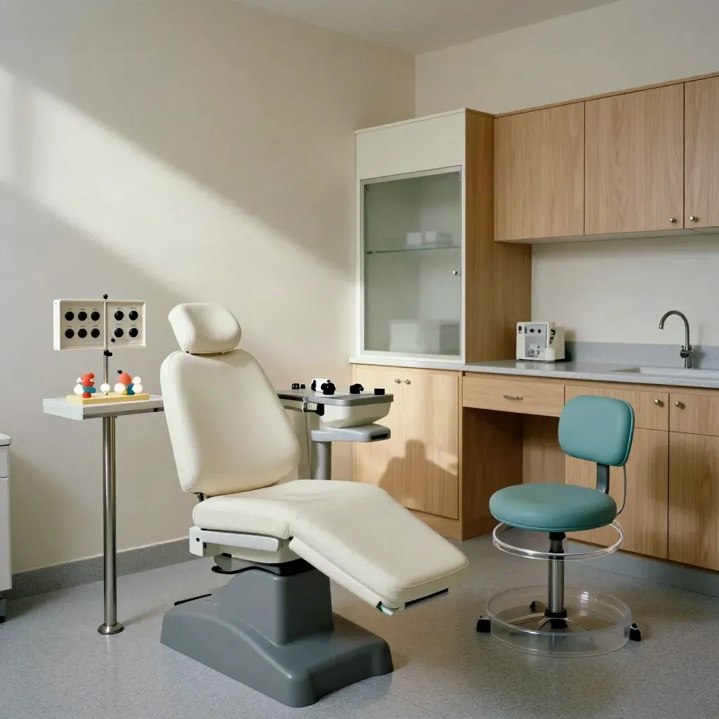 Sala pediatrica per controllo vista con poltroncina, luci turchesi e strumenti ordinati.