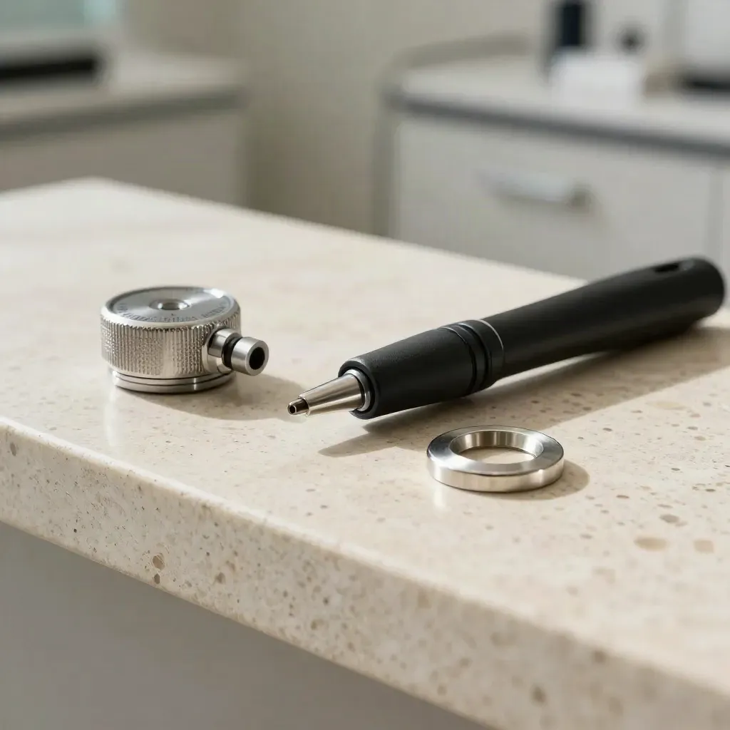 Macro degli strumenti di precisione di una clinica oculistica su pietra chiara