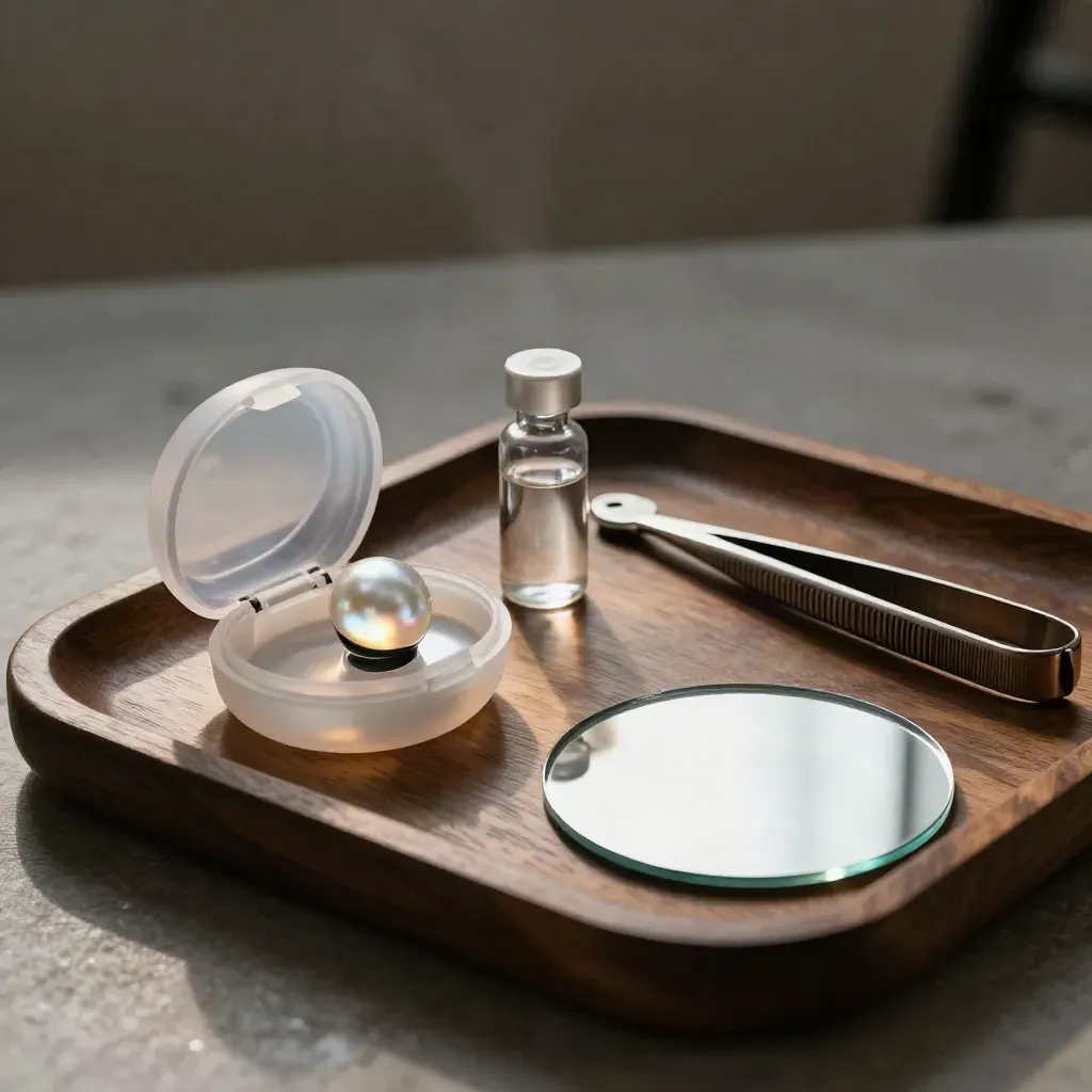 Kit per lenti a contatto su vassoio scuro con flacone salino, pinzette e specchio