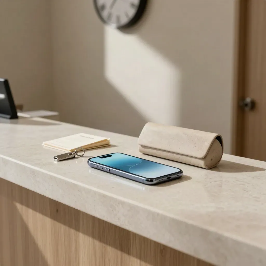 Smartphone, astuccio per occhiali e portachiavi su pietra chiara con ombra di orologio