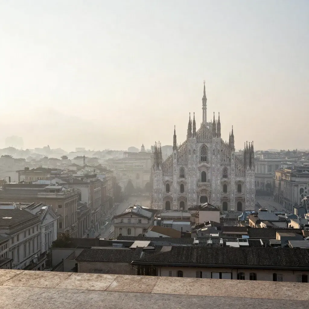 Milano all’alba con il Duomo in controluce e una città velata di nebbia.