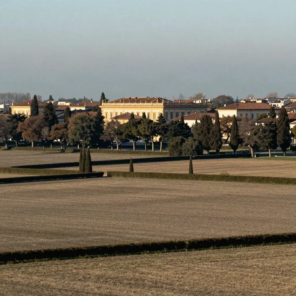 Veduta dorata di Monza e Brianza con Villa Reale e parco, campi morbidi e foschia calda.