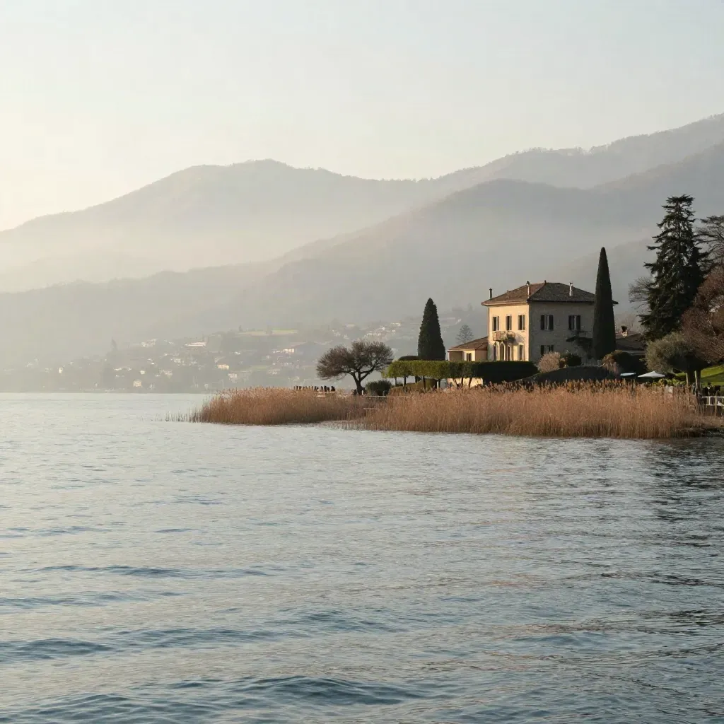 Panorama di Como e Varese con lago, colline sfumate e villa alta nella foschia.