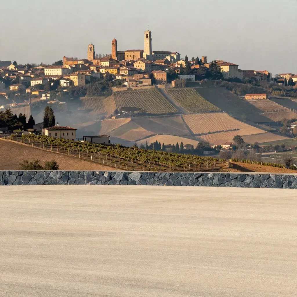 Colline di Bergamo e Brescia illuminate, con vigneti e pietra sotto un cielo caldo e velato.