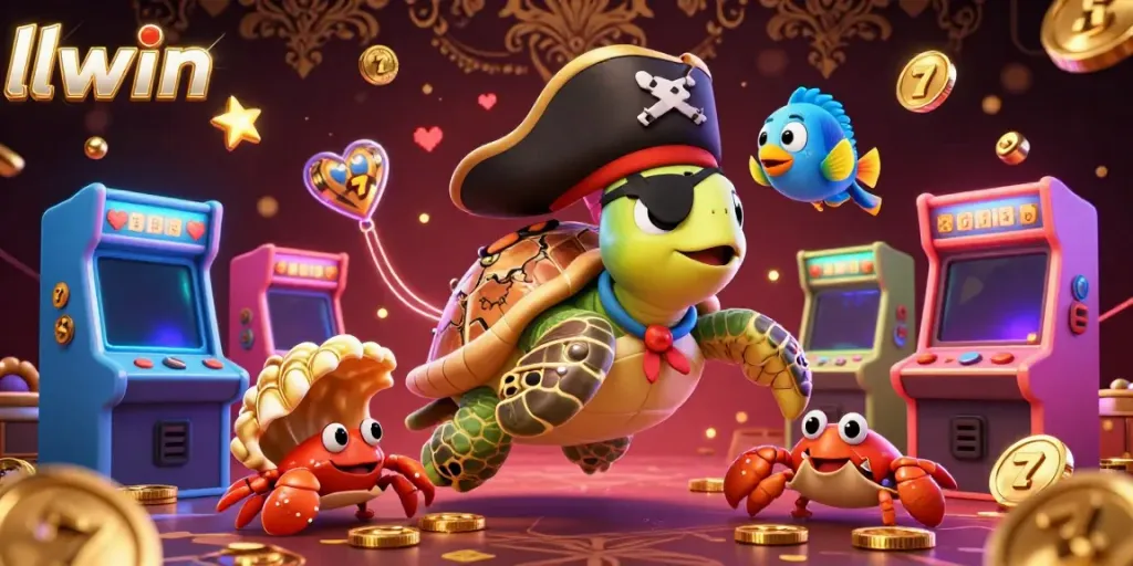 Experience llwin's vibrant casino atmosphere with pirate turtle, hermit crab, and parrotfish surrounded by arcade slots.