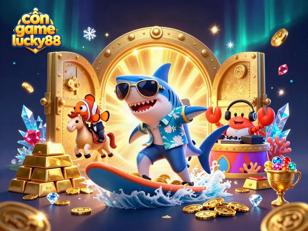 Experience the excitement of cổn game lucky88 through an ultra-detailed casino-themed digital illustration featuring vibrant characters and rich gaming elements.