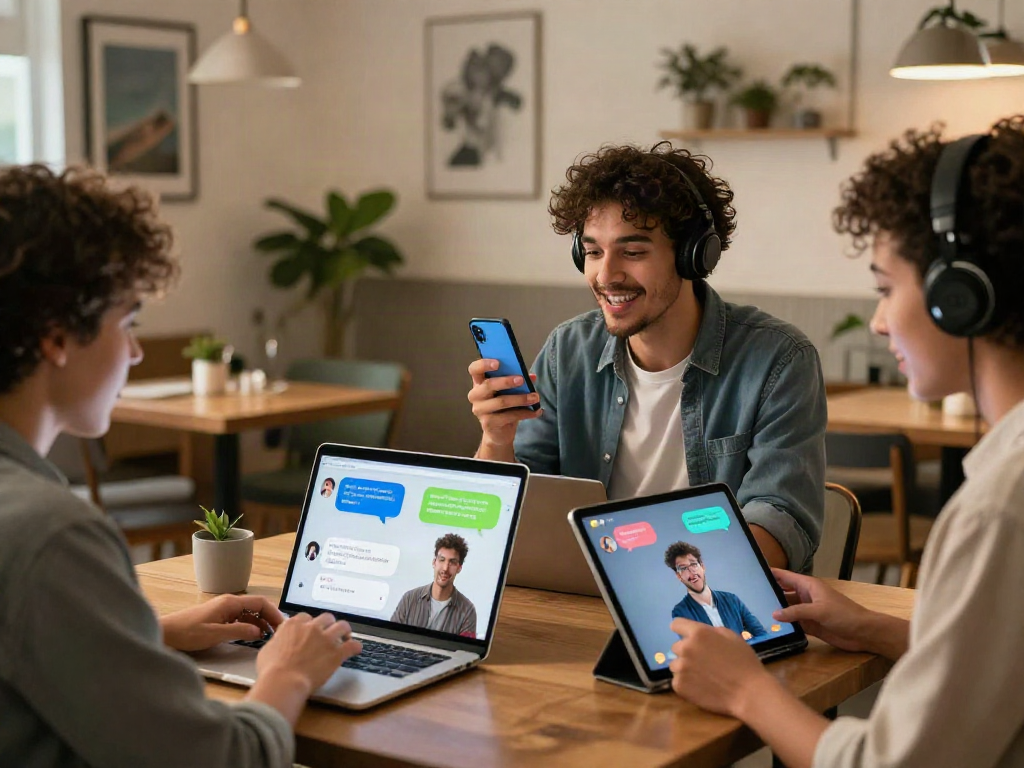 Engaging virtual conversation showcasing porn chat ai with diverse users interacting through devices in inviting settings.