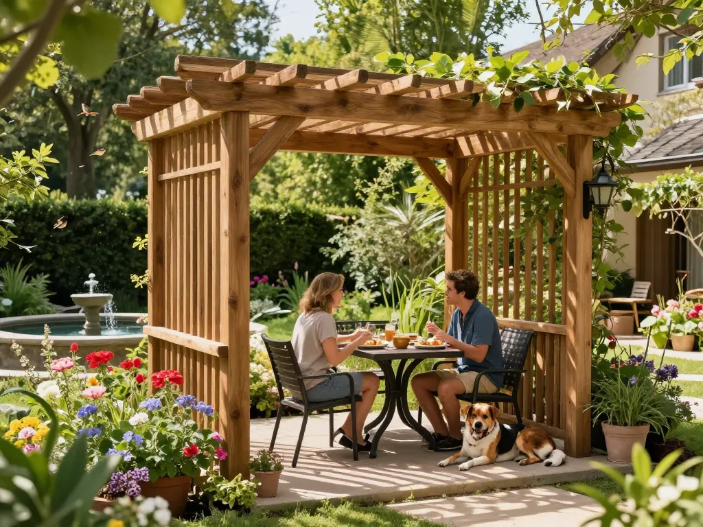Cozy garden setting featuring a 3D pergola, couple dining beneath wooden structure surrounded by flowers and greenery.