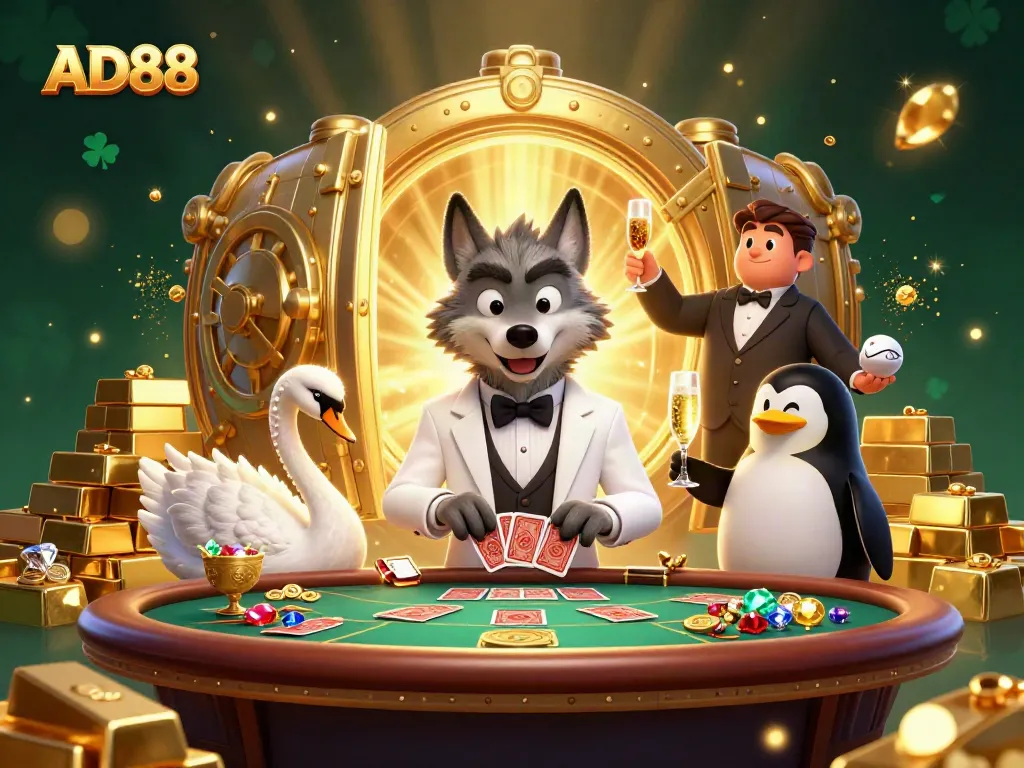 Experience thrilling Baccarat action at AD88 with a debonair wolf dealer and elegant swan in a vibrant casino scene.