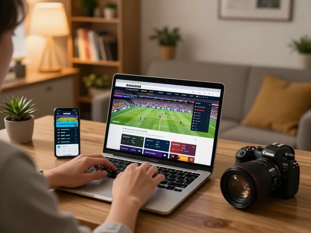 Person engaging with BONG88 betting platform on laptop in cozy home office setting