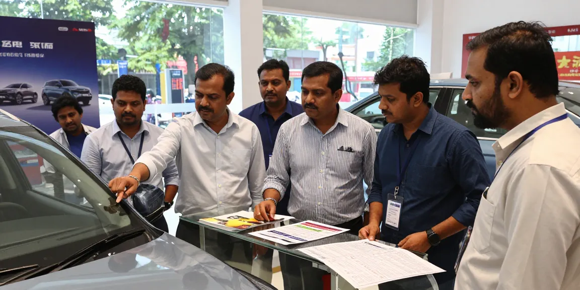 Discover On Road Price in Ahmedabad with a diverse group exploring a new car in a vibrant dealership.
