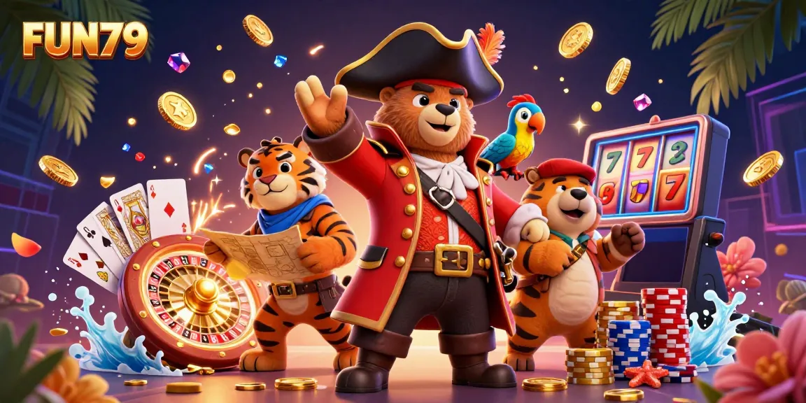 Engage with FUN79 in a vibrant online gaming world surrounded by golden coins and exciting casino elements.