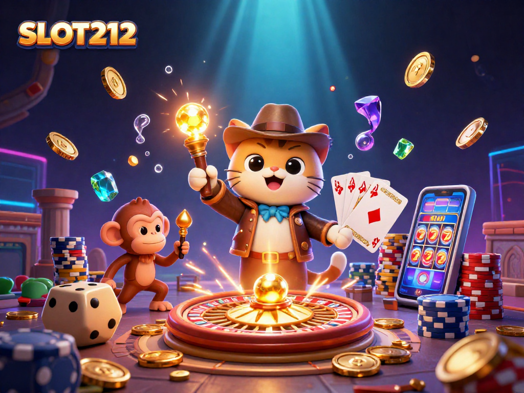 SLOT212 engages players with a thrilling adventure featuring a cat archaeologist and monkey companion in a gold-laden casino setting.