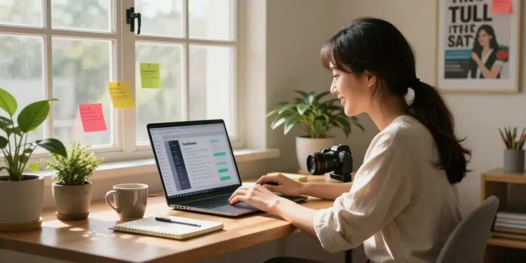 Ourdream review showing user engaged with AI at cozy home office, illustrating creativity and technology.