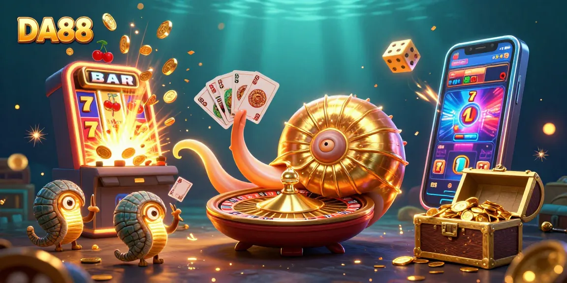 Experience the thrill of DA88 with a vibrant casino scene featuring a nautilus roulette wheel and slot machine explosion.