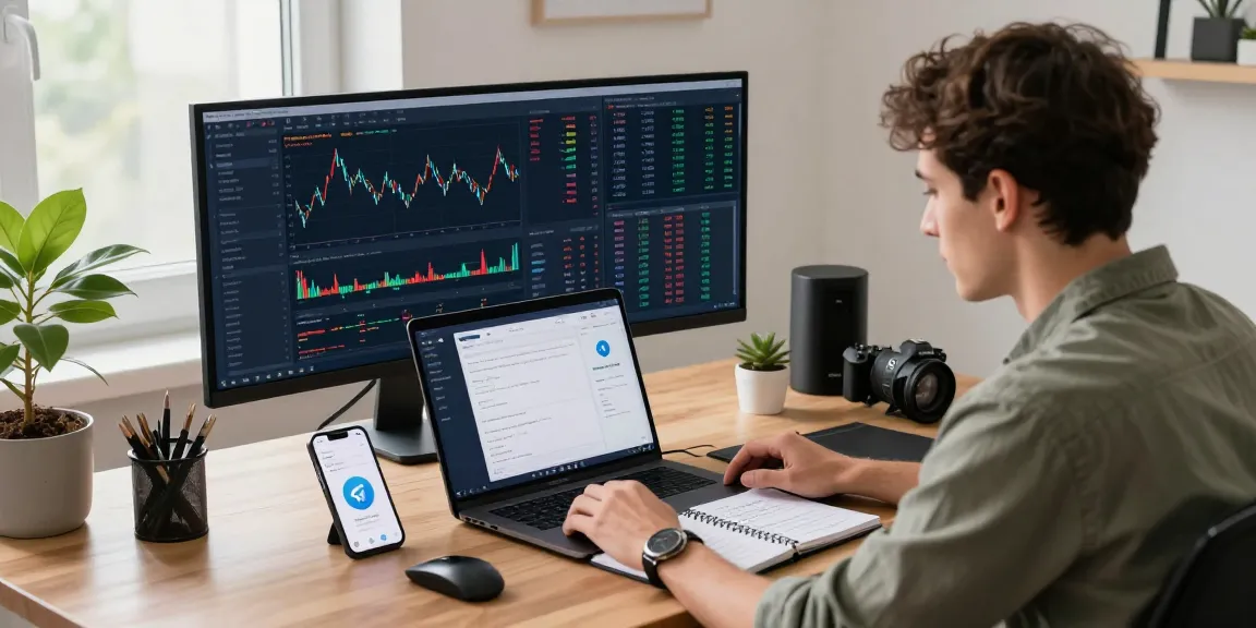 Engaging with the maestro bot telegram in a modern home office, showcasing cryptocurrency trading.