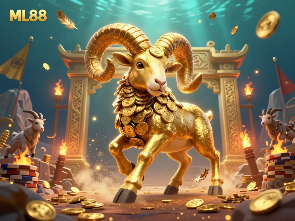 Experience the excitement of ML88 with a golden ram charging through a vibrant casino atmosphere.