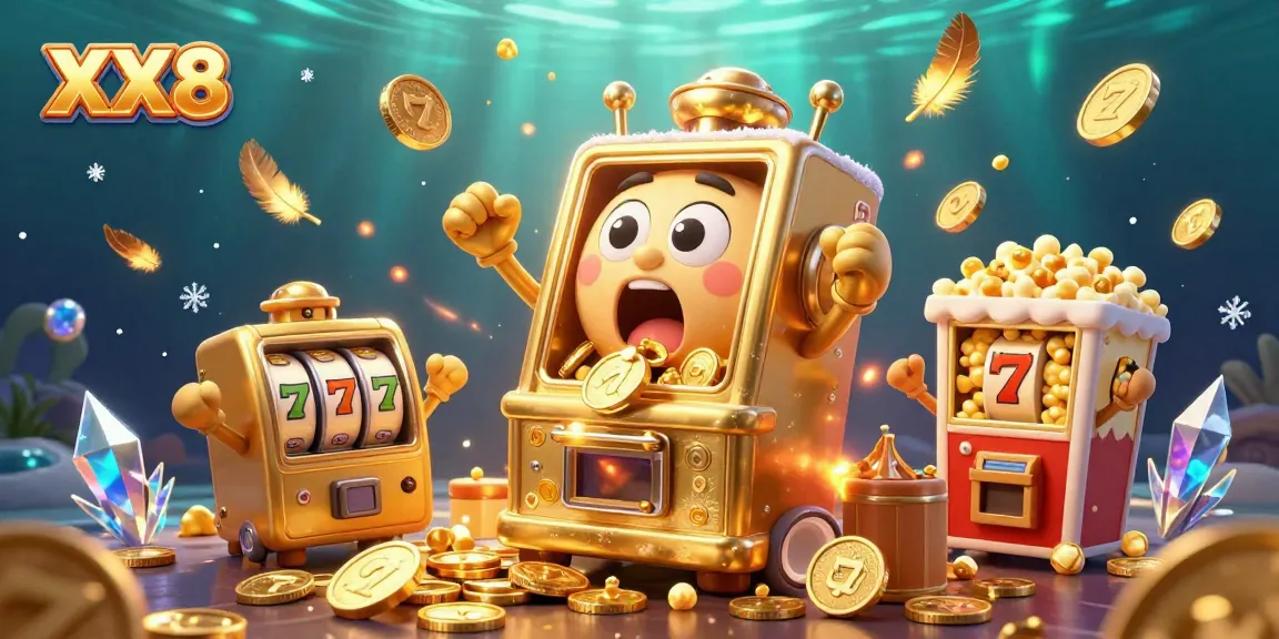 Experience the excitement of XX8 with a golden slot machine celebrating a jackpot amidst a vibrant casino scene.