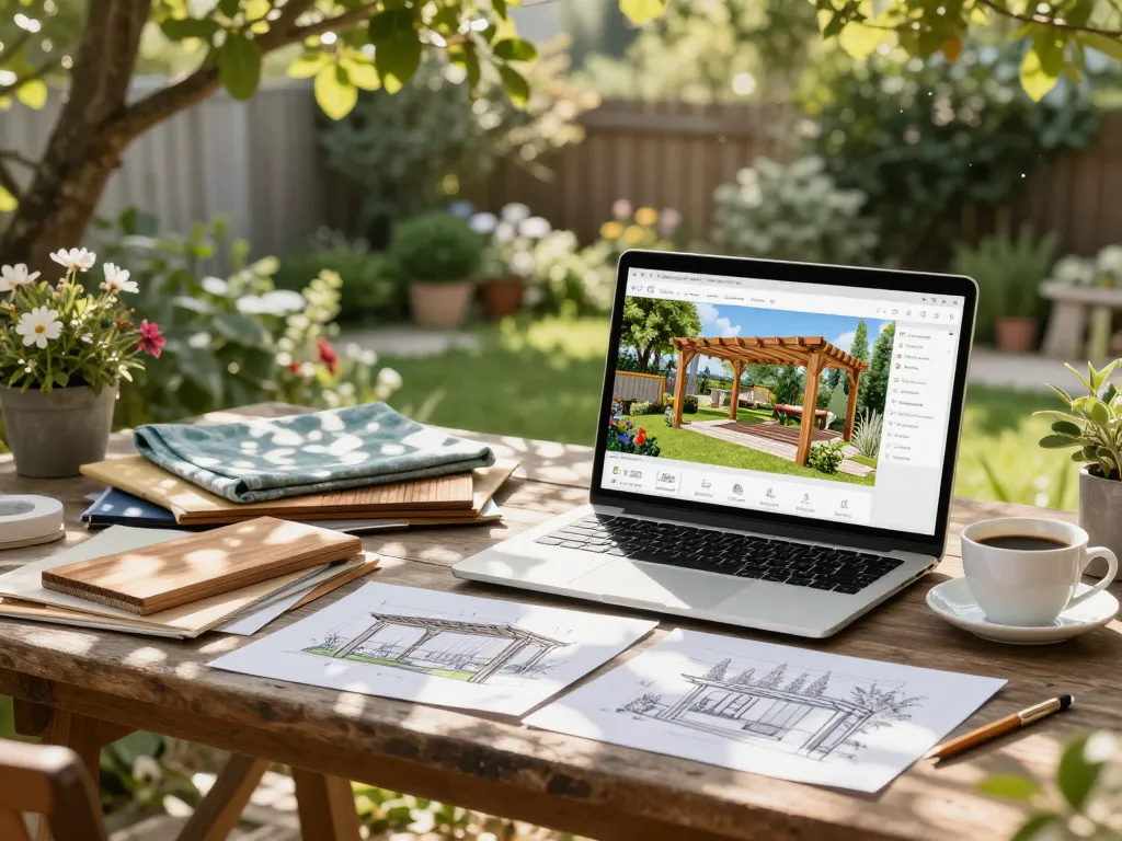 Designer che utilizza il configuratore software pergole per creare design personalizzati di pergole all'aperto in un ambiente giardino panoramico.
