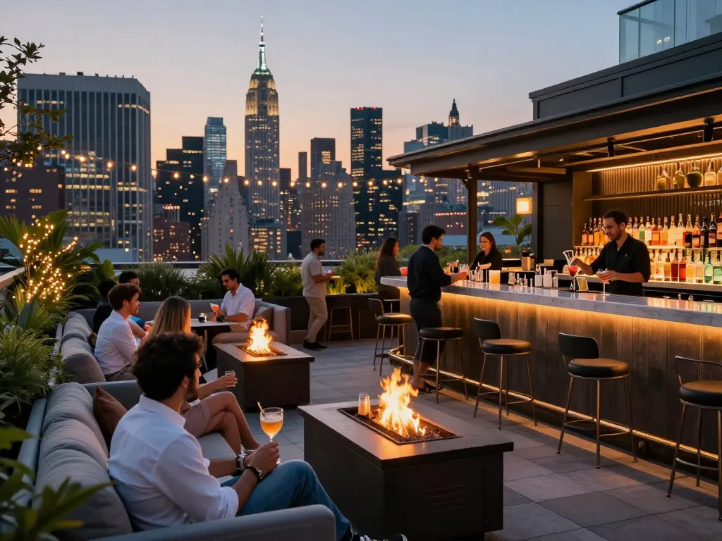 Enjoying cocktails at Nohu rooftop bar with skyline views in New Jersey.