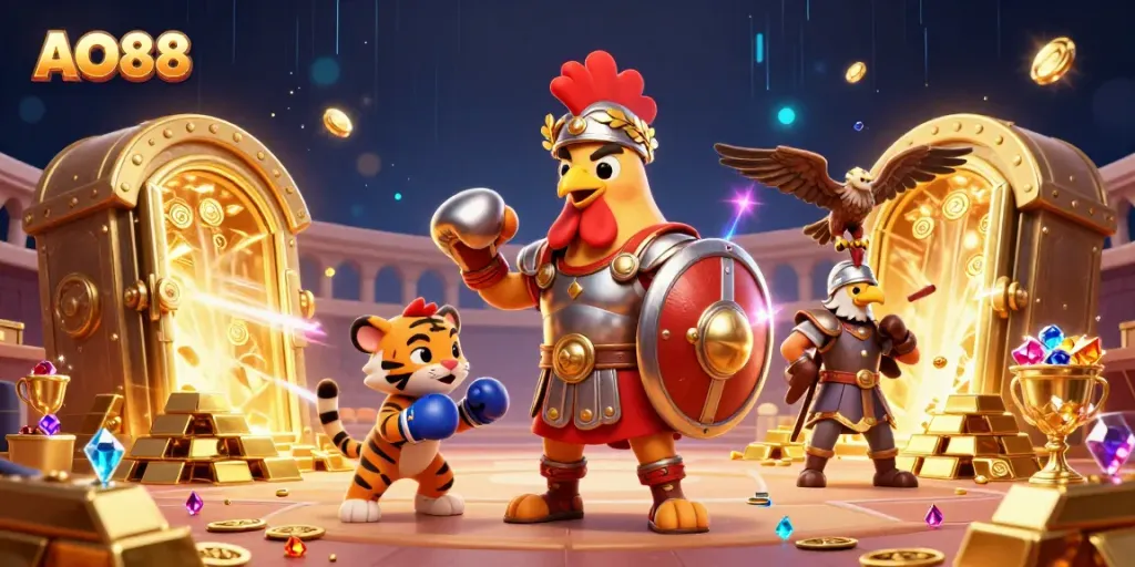 Engage with the vibrant world of AO88 featuring a triumphant rooster in a spectacular colosseum scene filled with treasures.