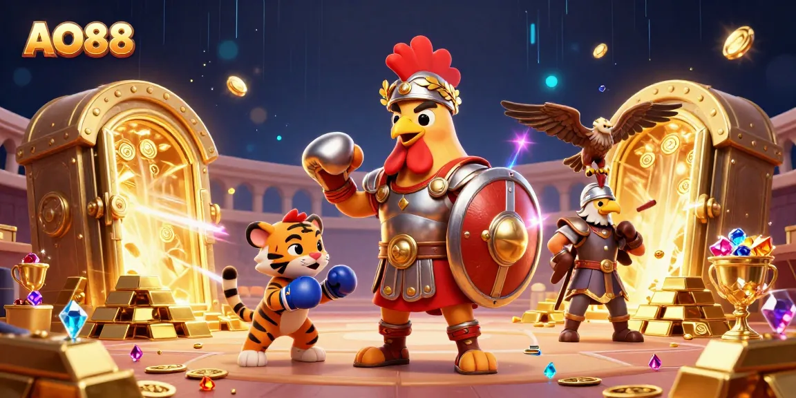 Engage with the vibrant world of AO88 featuring a triumphant rooster in a spectacular colosseum scene filled with treasures.