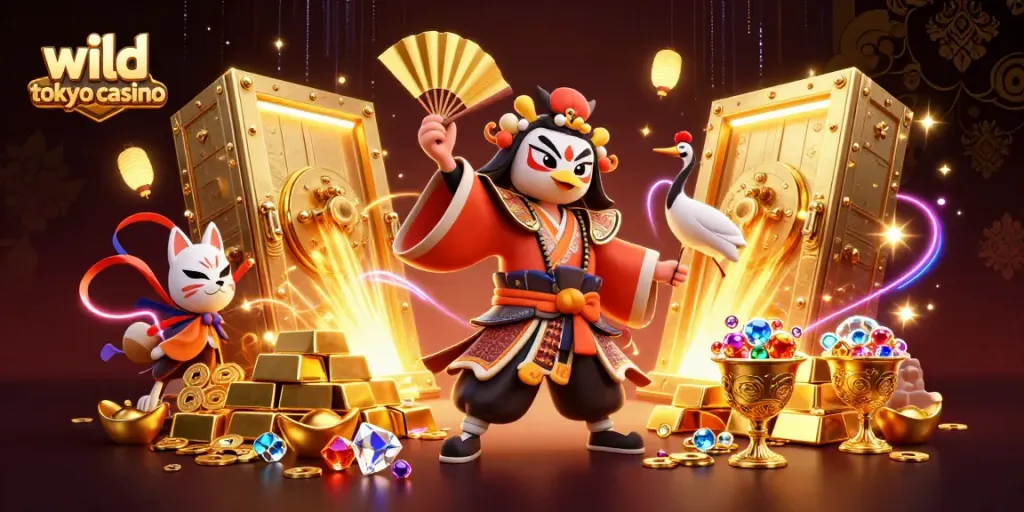 Experience the thrill of gaming at Wild Tokyo Casino with vibrant 3D elements showcasing excitement and treasure.