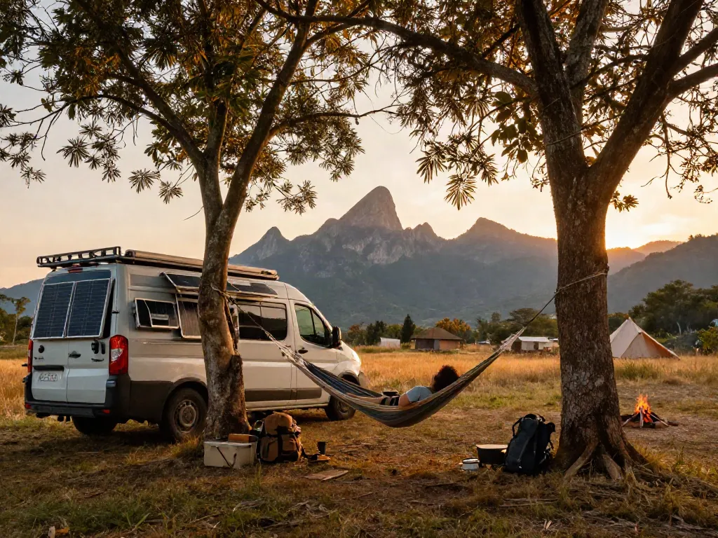 rokok88 campervan in beautiful campsite with solar panels and mountains