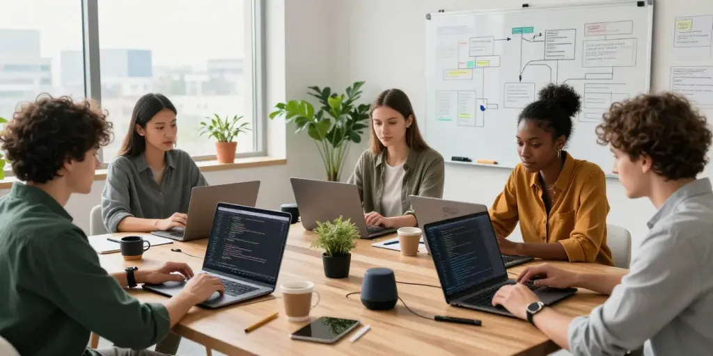 Developers collaborating in an innovative workspace showing CodeMason's web development process.