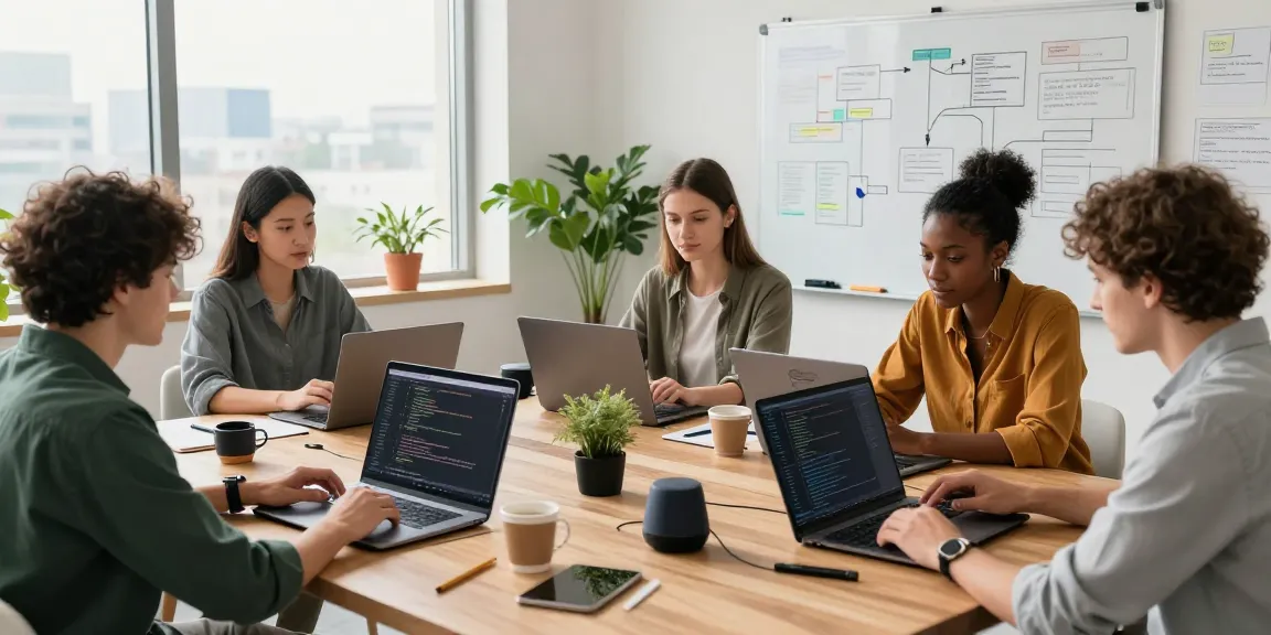 Developers collaborating in an innovative workspace showing CodeMason's web development process.