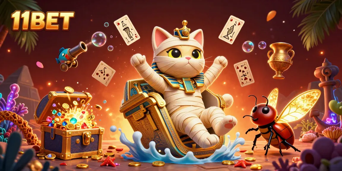Experience the excitement of 11BET with a vibrant casino scene featuring a mummy cat and scarab beetle!