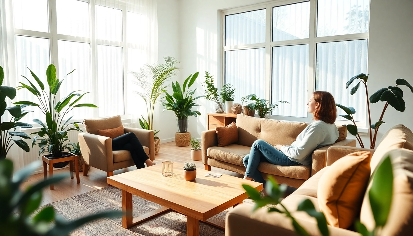 Engaging therapist promoting mental wellness in a peaceful setting with natural light.