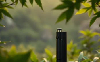 Buy DMT vape pen displayed in a tranquil setting with soft lighting and lush greenery.