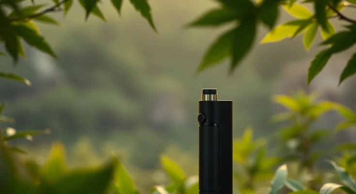 Buy DMT vape pen displayed in a tranquil setting with soft lighting and lush greenery.
