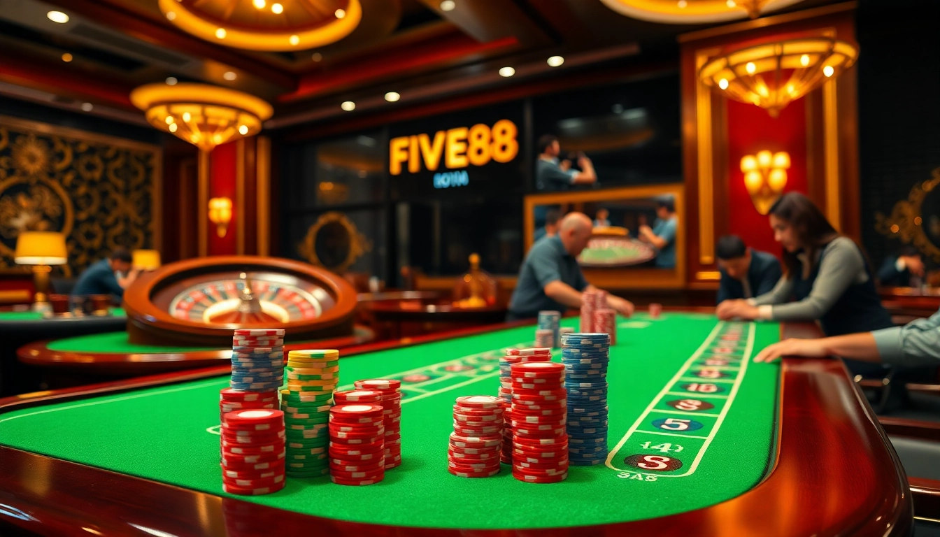 Engage in a thrilling poker game atmosphere at FIVE88 with vibrant tables and elegant decor.