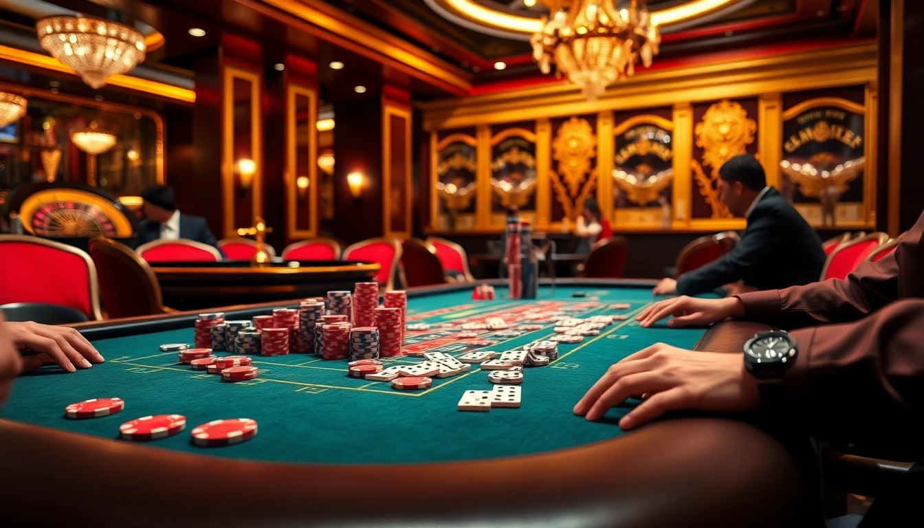 Players enjoy high-stakes action at Dominoqiu poker table surrounded by vibrant chips and cards.