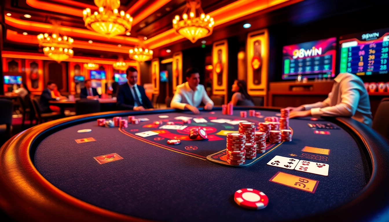 98win blackjack players enjoying a luxurious casino experience with vibrant poker chips and cards.