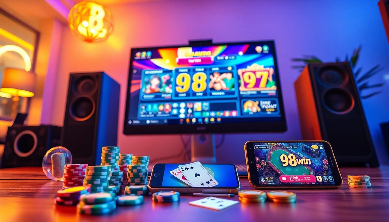 Engaging online gaming scene featuring 98win casino graphics, vibrant colors, and gaming elements.