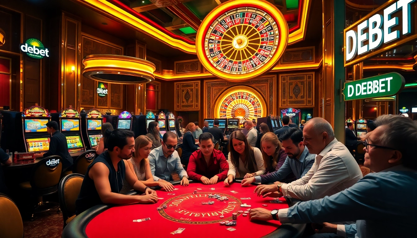 Experience the thrill of DEBET with engaged players at an elegant casino table full of chips and cards.