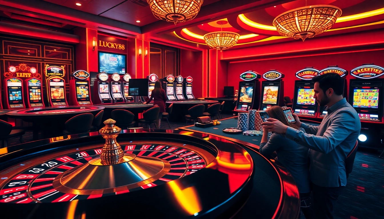 Exciting LUCKY88 online casino visuals featuring vibrant tables and sleek devices.