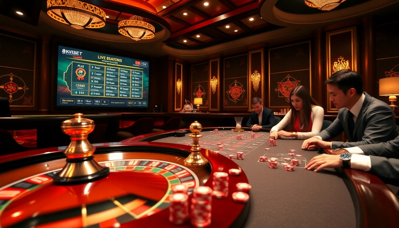 Engaging gameplay at https://8kkbet.com/ with vibrant roulette wheel and poker chips.