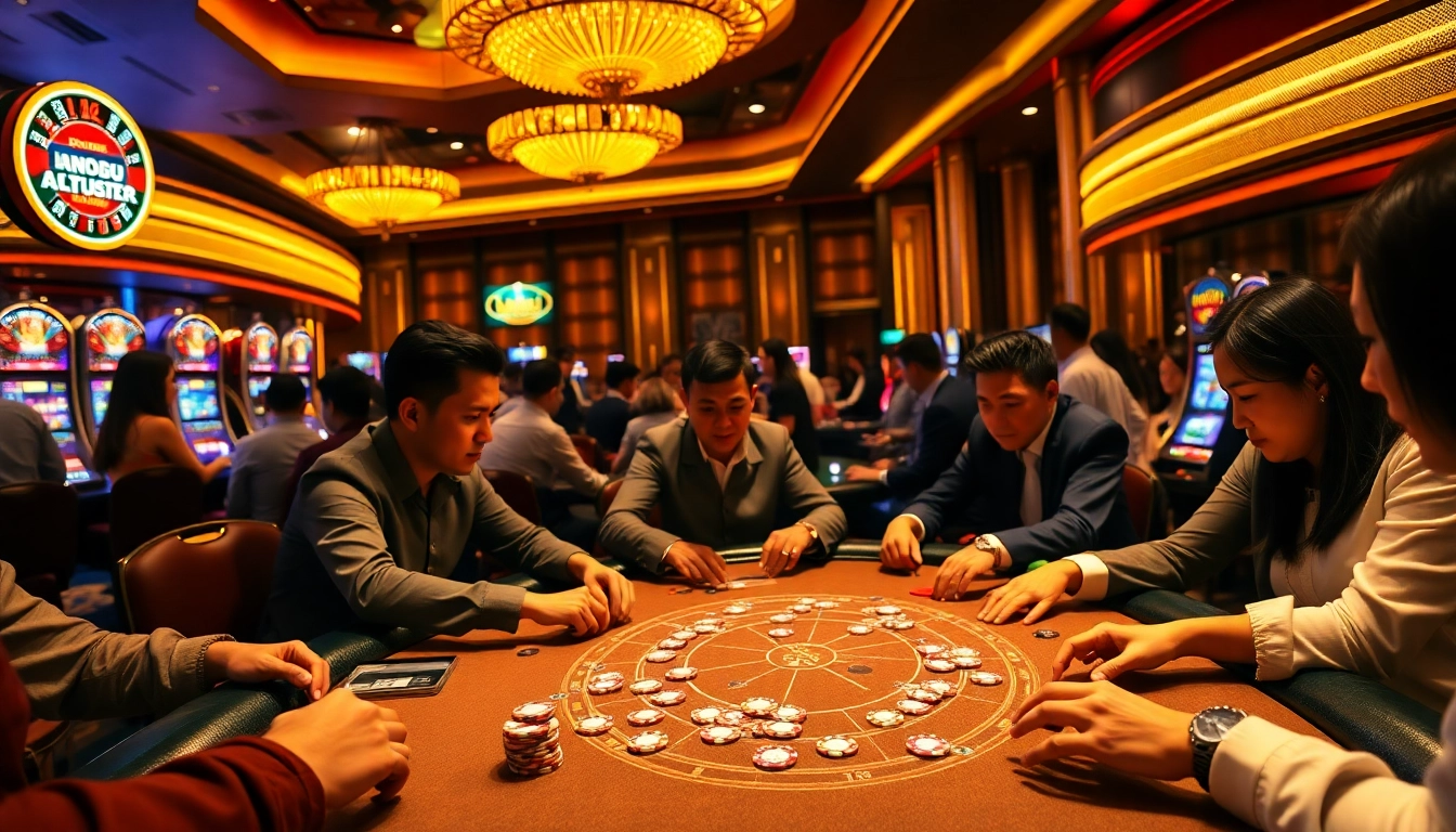 Dominoqiu players engaged in a high-stakes poker game with vibrant chips and cards on a casino table.