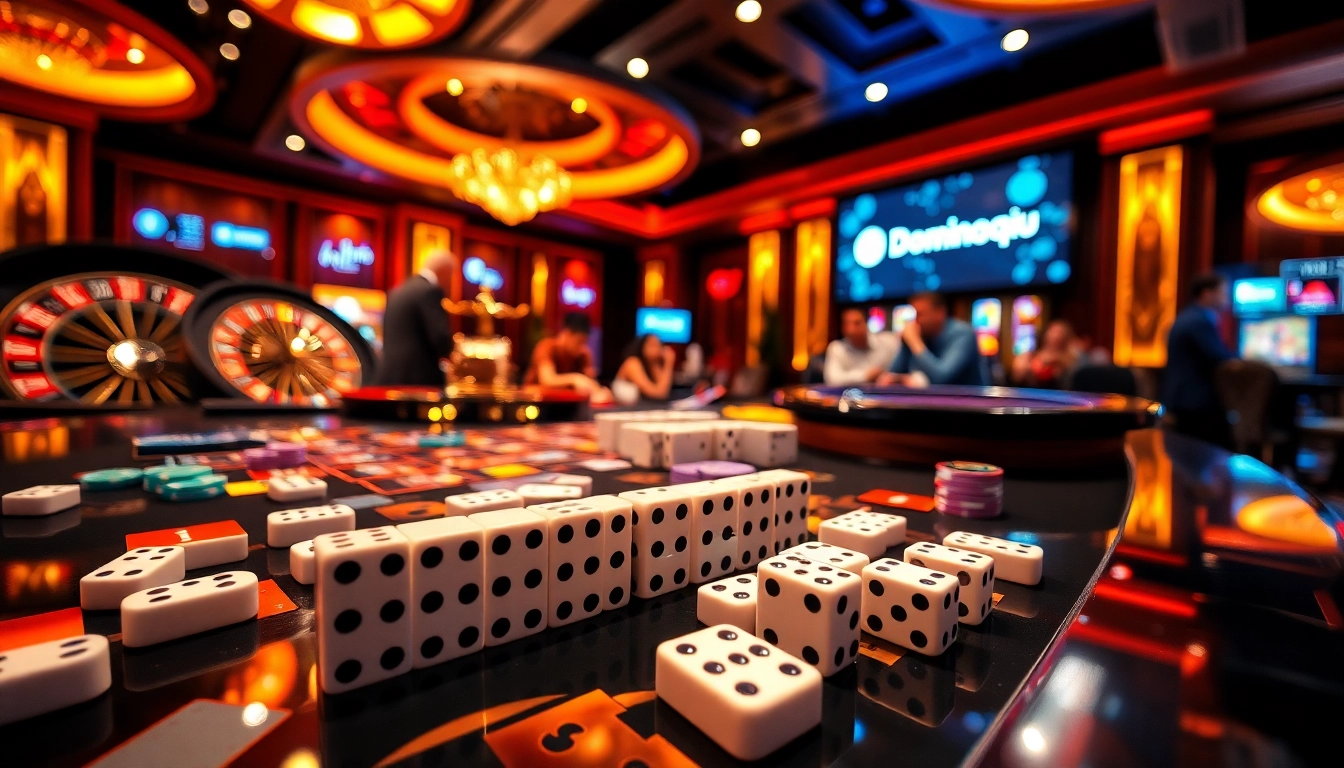 Players enjoying an exciting round of Dominoqiu on an elegant casino table filled with chips and cards.