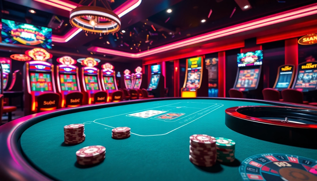 Experience vibrant gameplay with Dominoqiu, featuring poker tables and colorful slot machines.