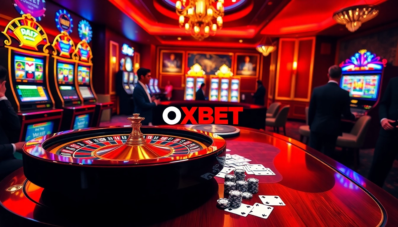 Players enjoying casino games at OXBET with vibrant lights and luxurious decor.
