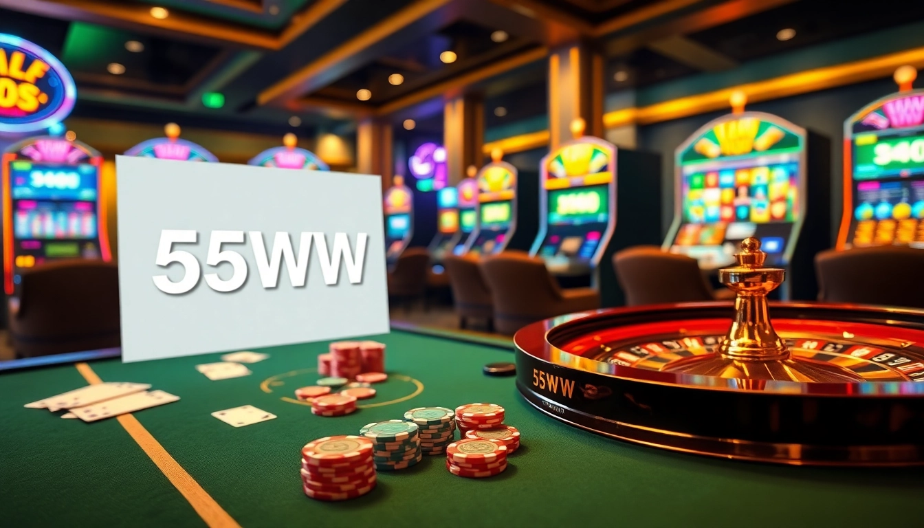 A thrilling casino scene showcasing 55WW with vibrant poker chips and an inviting roulette wheel.