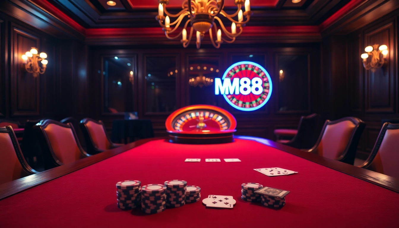 Play poker at MM88's luxurious casino table, featuring rich decor and vibrant atmosphere.